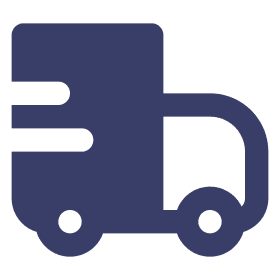 Icon of a stylized delivery truck with motion lines, indicating speed. The truck is depicted in a solid navy blue color.