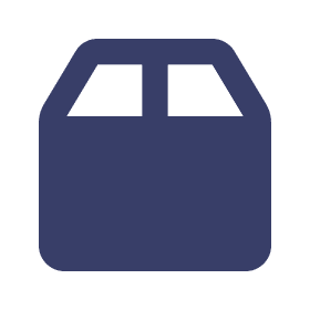 A dark blue icon of a closed cardboard box with two rectangular flaps on top.