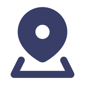 A navy blue location pin icon with a circular center, pointing downward on a line.