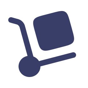 A simple blue icon of a hand truck with a square box on it, tilted to the right, on a plain background.